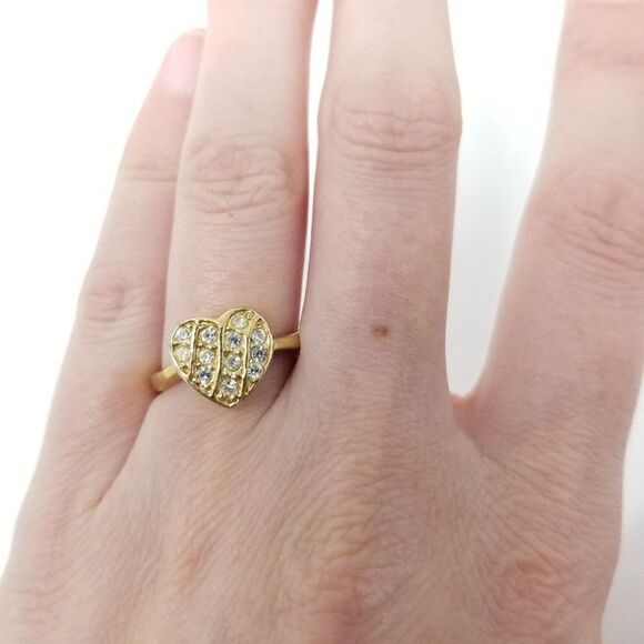 Vintage Heart Rhinestone Ring, Gold Tone Setting, Sparkly Estate - Picture 1 of 5